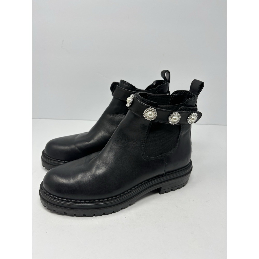 Copper Key Cosmo Pearl Rhinestone Leather Chelsea Booties in BLACK Size 7.5M